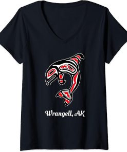 Womens Native American Wrangell AK Red Orca Killer Whale V-Neck T-Shirt