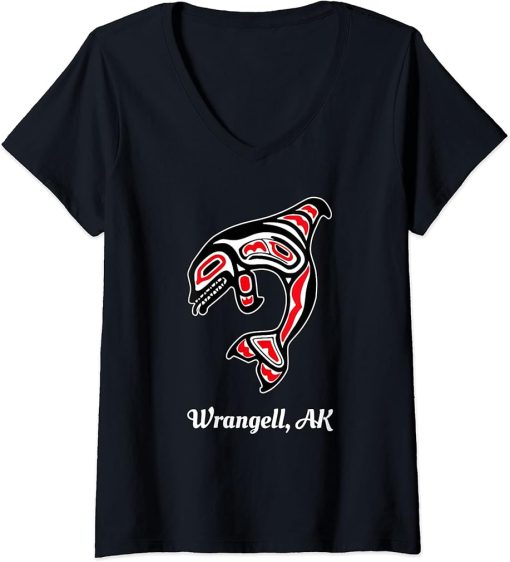 Womens Native American Wrangell AK Red Orca Killer Whale V-Neck T-Shirt