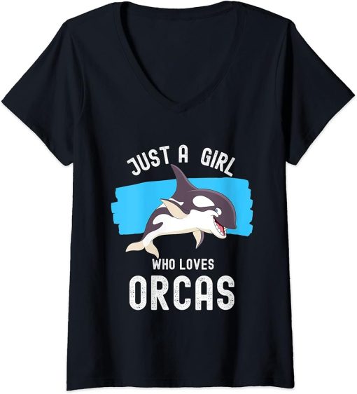 Womens Just A Girl Who Loves Orcas V-Neck T-Shirt