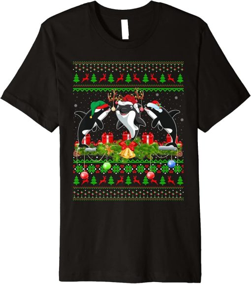 Orca Fish Lover Xmas Lighting Santa Ugly Orca Christmas Premium T-Shirt