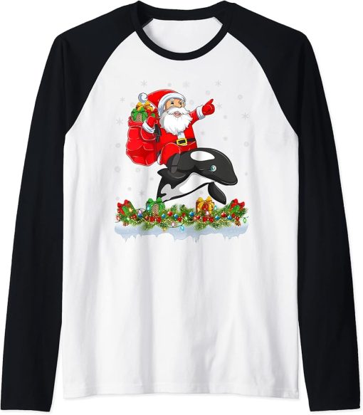 Orca Fish Lover Santa Riding Orca Christmas Raglan Baseball Tee