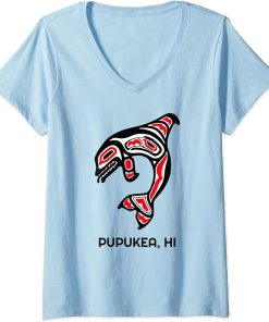 Womens Pupukea HI Native Aboriginal Orca Killer Whales V-Neck T-Shirt