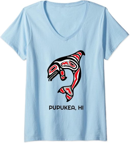 Womens Pupukea HI Native Aboriginal Orca Killer Whales V-Neck T-Shirt